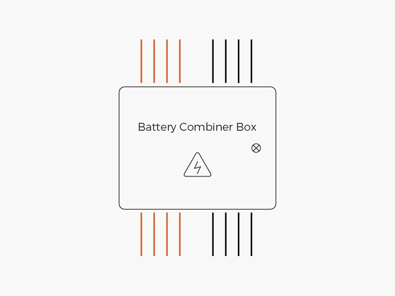 4-input 4-output battery combiner box connection diagram – consolidating 4 battery strings to 4 DC outputs via combiner box, with overcurrent protection and monitoring for small-scale ESS projects